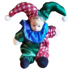 Miniature Porcelain Face Soft Body Clown Joker Jester Doll Colorful Beanbag 6"